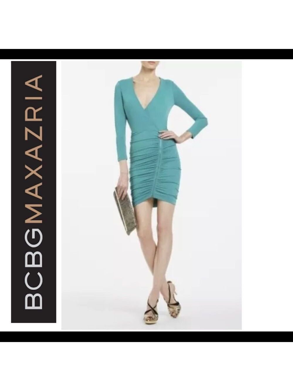 Bcbgmaxazria teal seagreen long sleeve wrap ruched mini dress Sz S